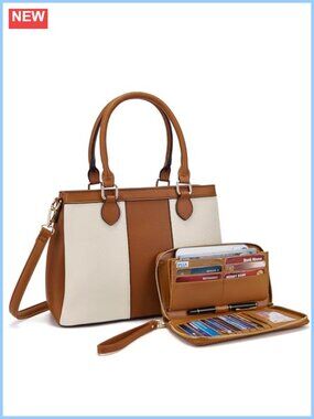 PU Leather Satchel Handbag and Oversized Wallet 2 Piece Set, 3 Zippered